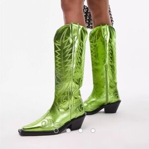 Topshop Bailey Metallic Lime Green Knee High Cowboy Boots - size 40